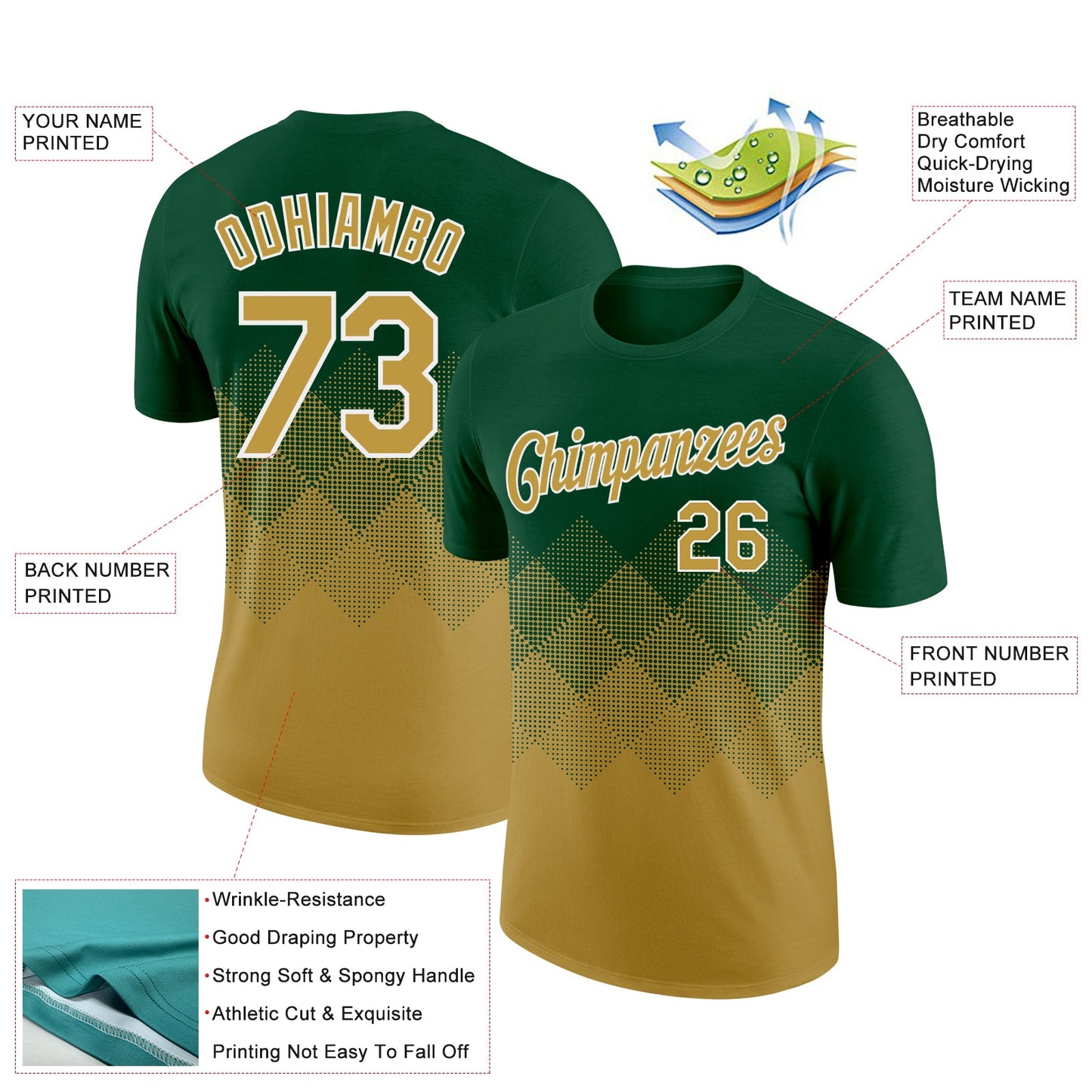 Custom Green Old Gold-White 3D Pattern Design Gradient Square Shapes Performance T-Shirt view 2