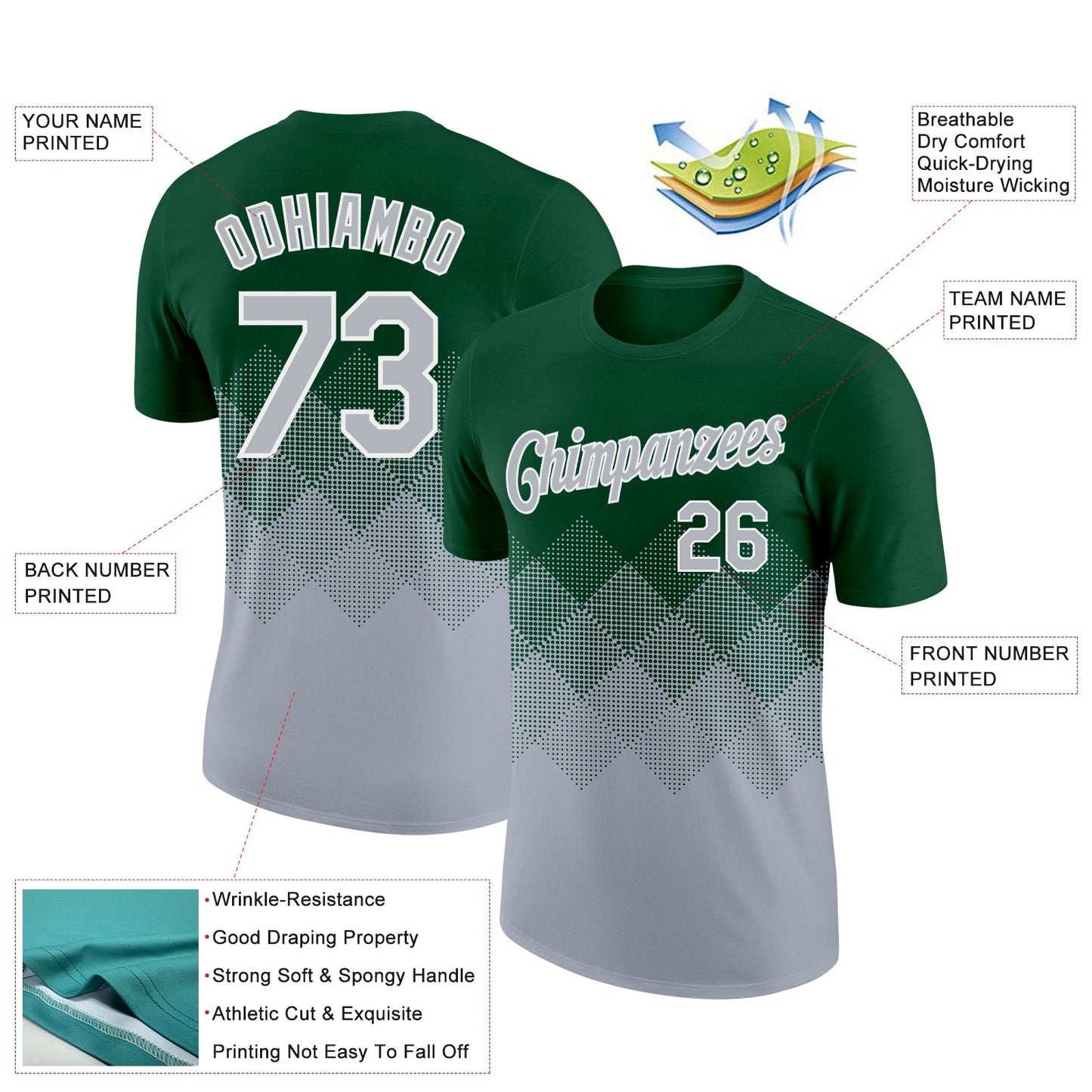 Custom Green Gray-White 3D Pattern Design Gradient Square Shapes Performance T-Shirt view 2