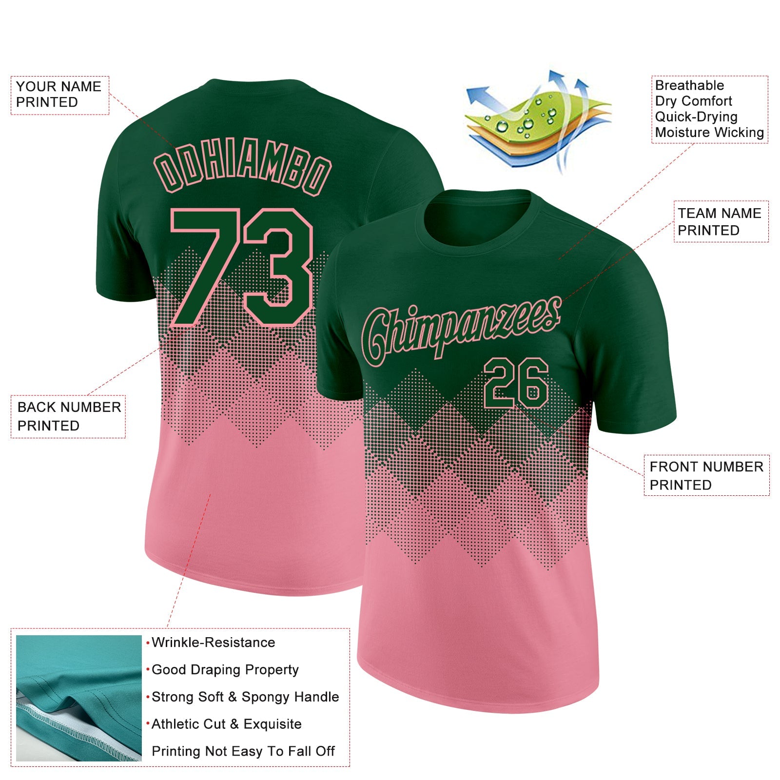 Custom Green Medium Pink 3D Pattern Design Gradient Square Shapes Performance T-Shirt view 2