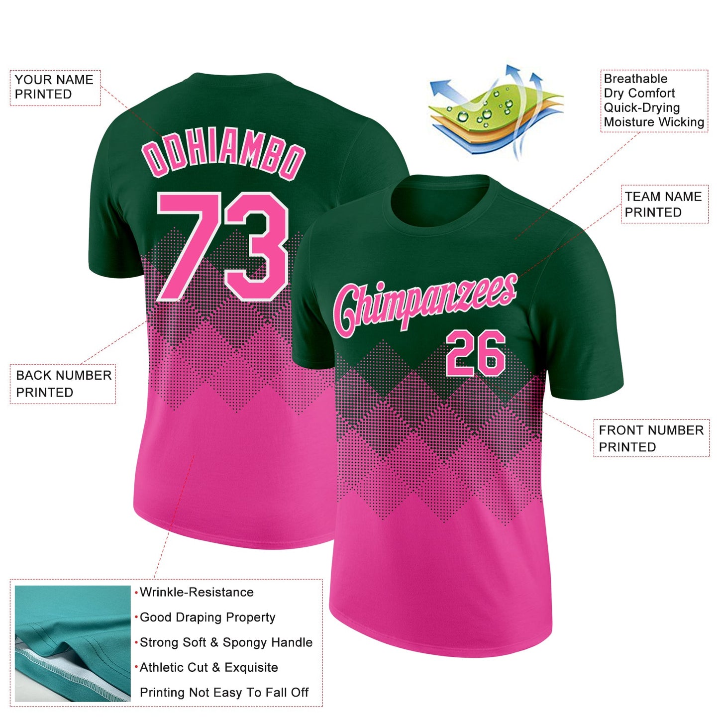 Custom Green Pink-White 3D Pattern Design Gradient Square Shapes Performance T-Shirt view 2