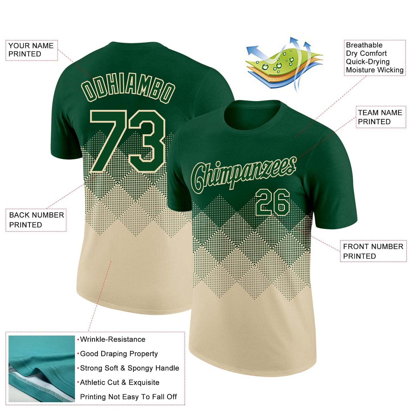 Custom Green Cream 3D Pattern Design Gradient Square Shapes Performance T-Shirt view 2