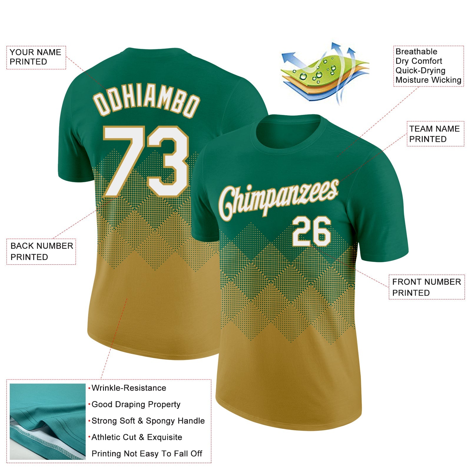 Custom Kelly Green White-Old Gold 3D Pattern Design Gradient Square Shapes Performance T-Shirt view 2