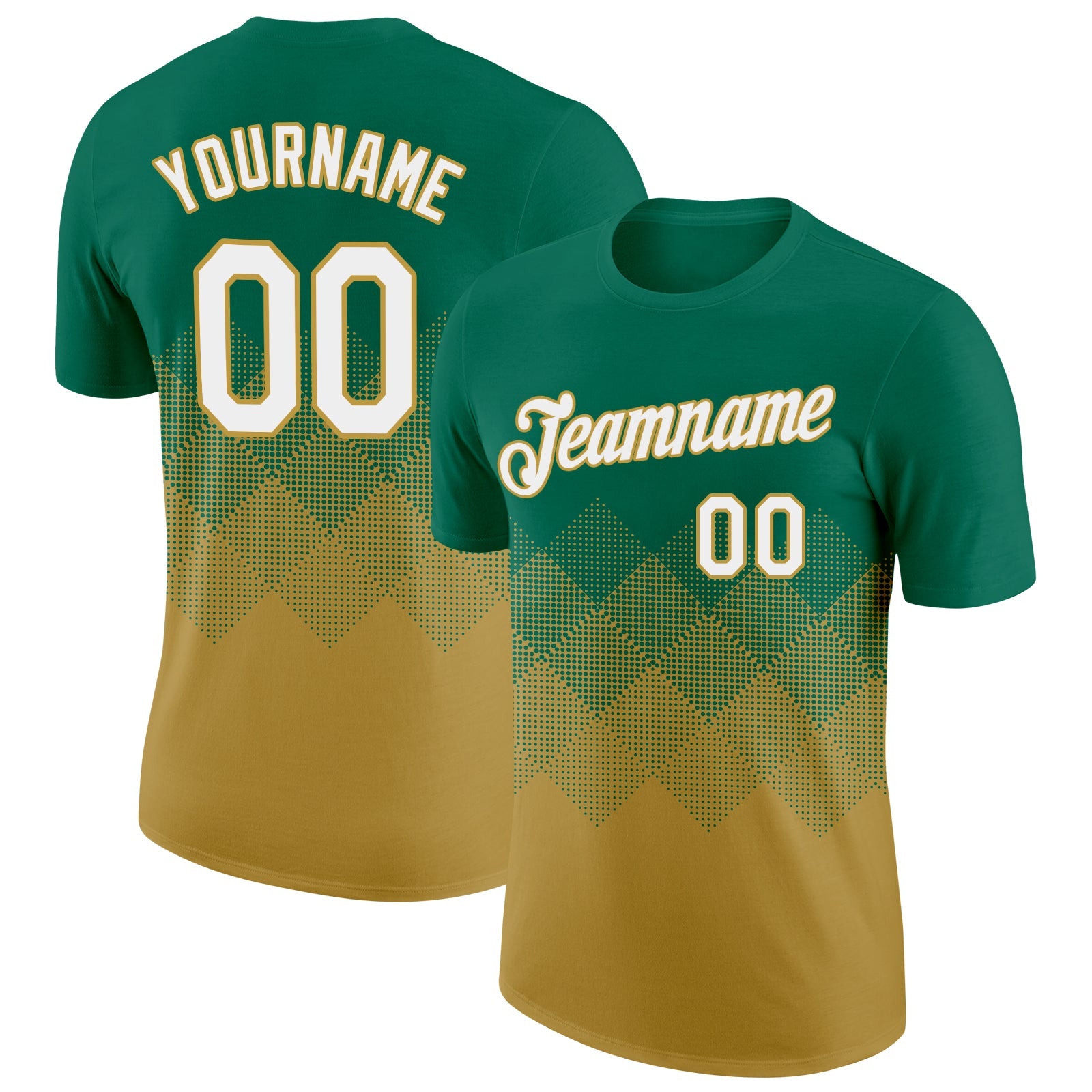 Custom Kelly Green White-Old Gold 3D Pattern Design Gradient Square Shapes Performance T-Shirt - Main View