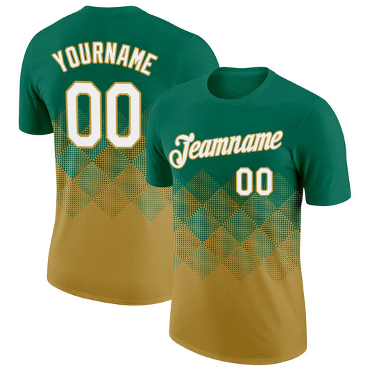 Custom Kelly Green White-Old Gold 3D Pattern Design Gradient Square Shapes Performance T-Shirt - Main View