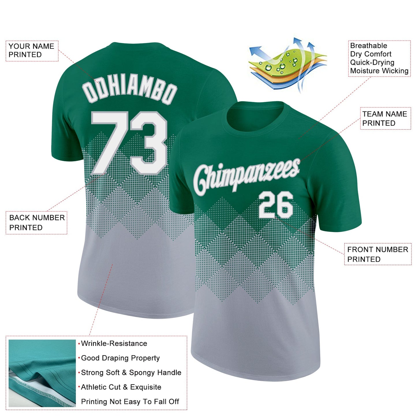 Custom Kelly Green White-Gray 3D Pattern Design Gradient Square Shapes Performance T-Shirt view 2