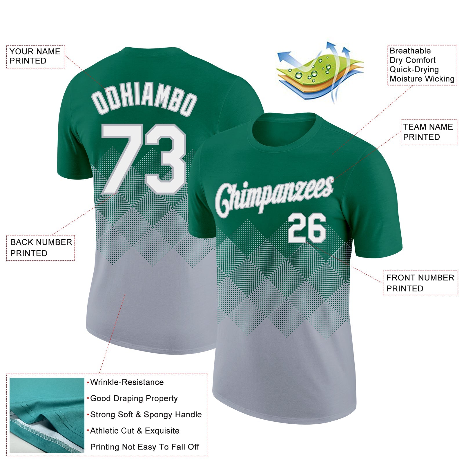 Custom Kelly Green White-Gray 3D Pattern Design Gradient Square Shapes Performance T-Shirt view 2