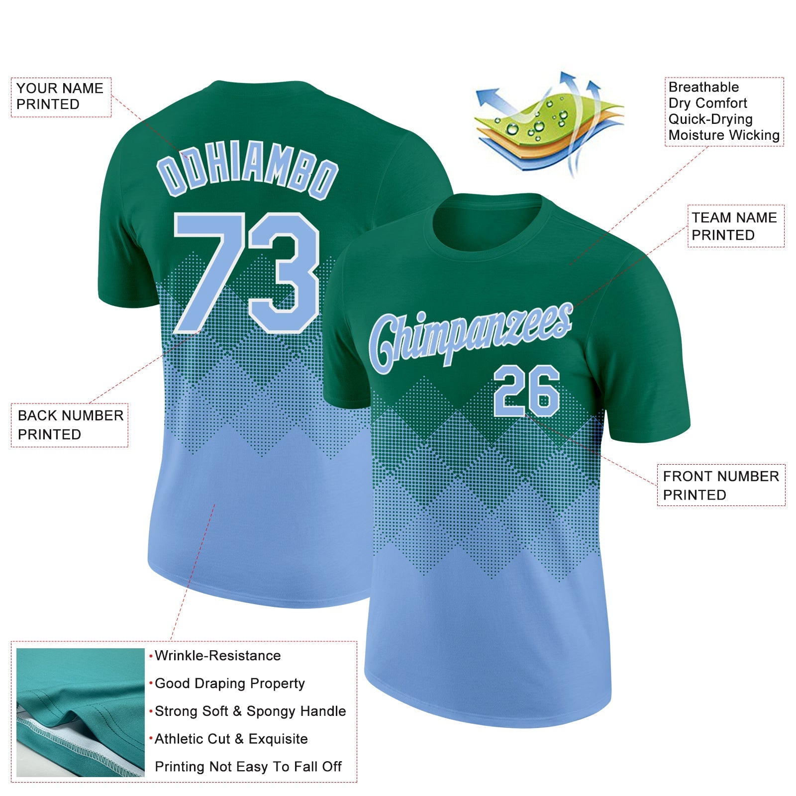 Custom Kelly Green Light Blue-White 3D Pattern Design Gradient Square Shapes Performance T-Shirt view 2