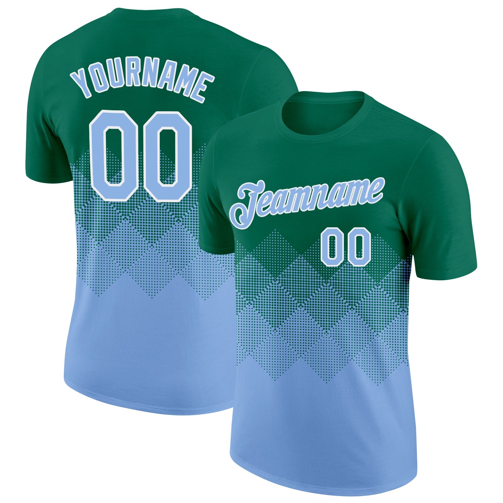 Custom Kelly Green Light Blue-White 3D Pattern Design Gradient Square Shapes Performance T-Shirt - Main View