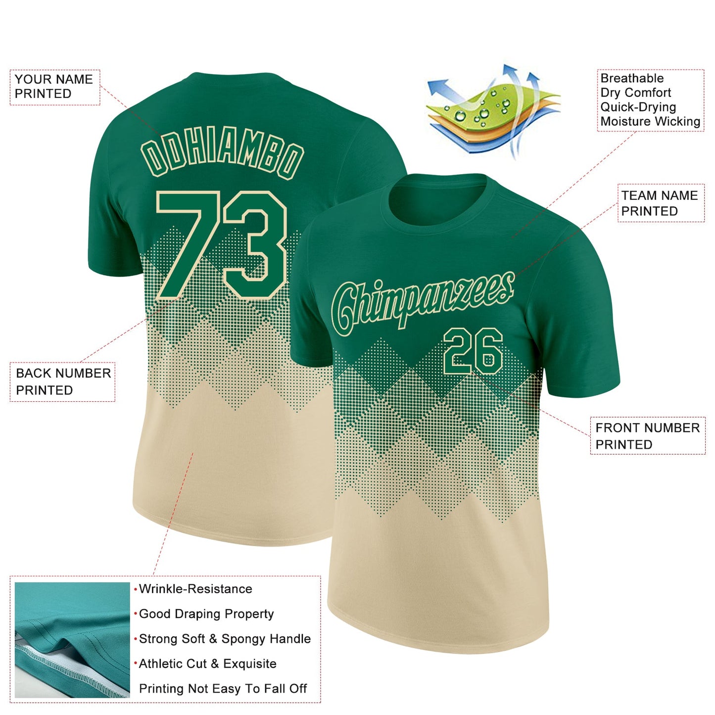Custom Kelly Green Cream 3D Pattern Design Gradient Square Shapes Performance T-Shirt view 2