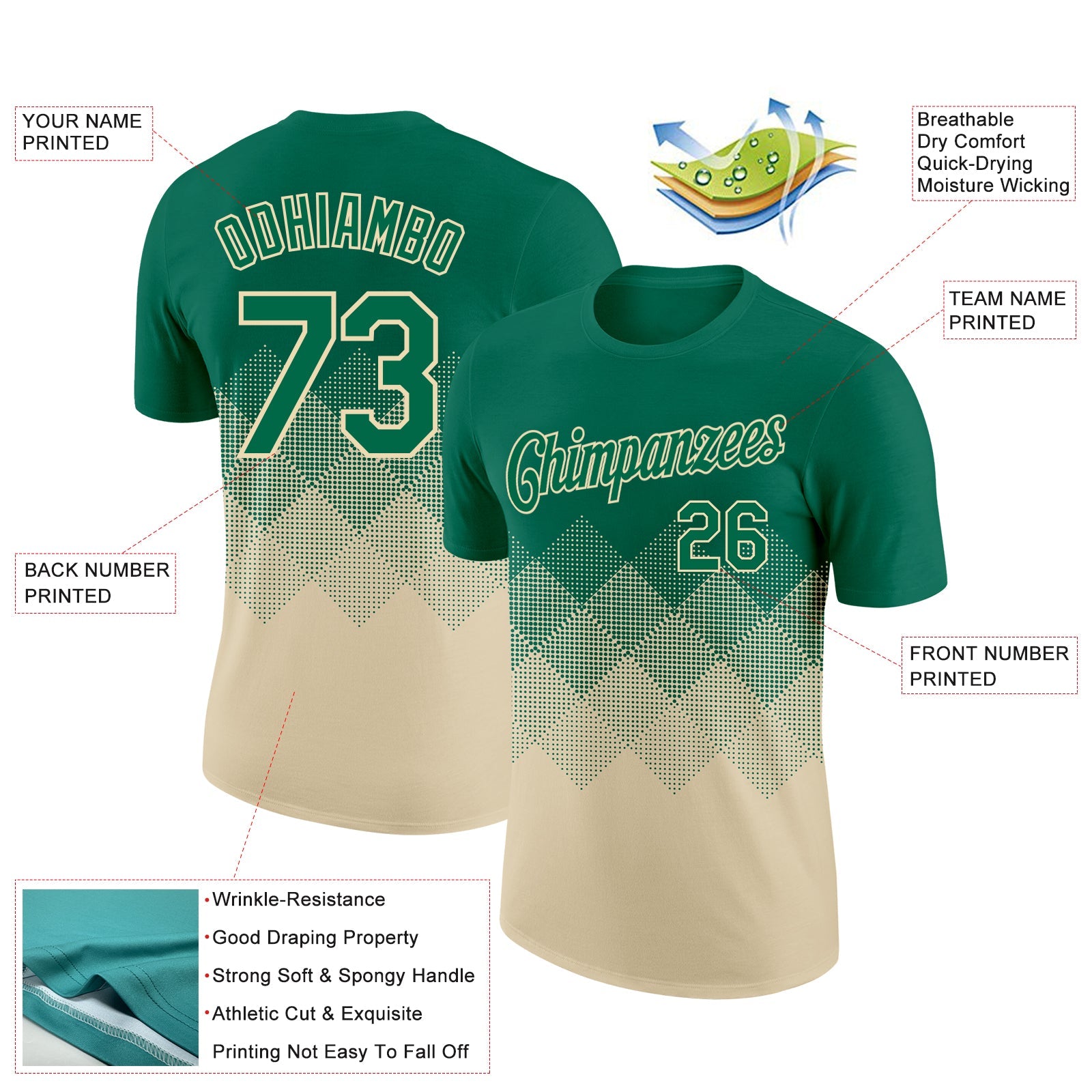 Custom Kelly Green Cream 3D Pattern Design Gradient Square Shapes Performance T-Shirt view 2
