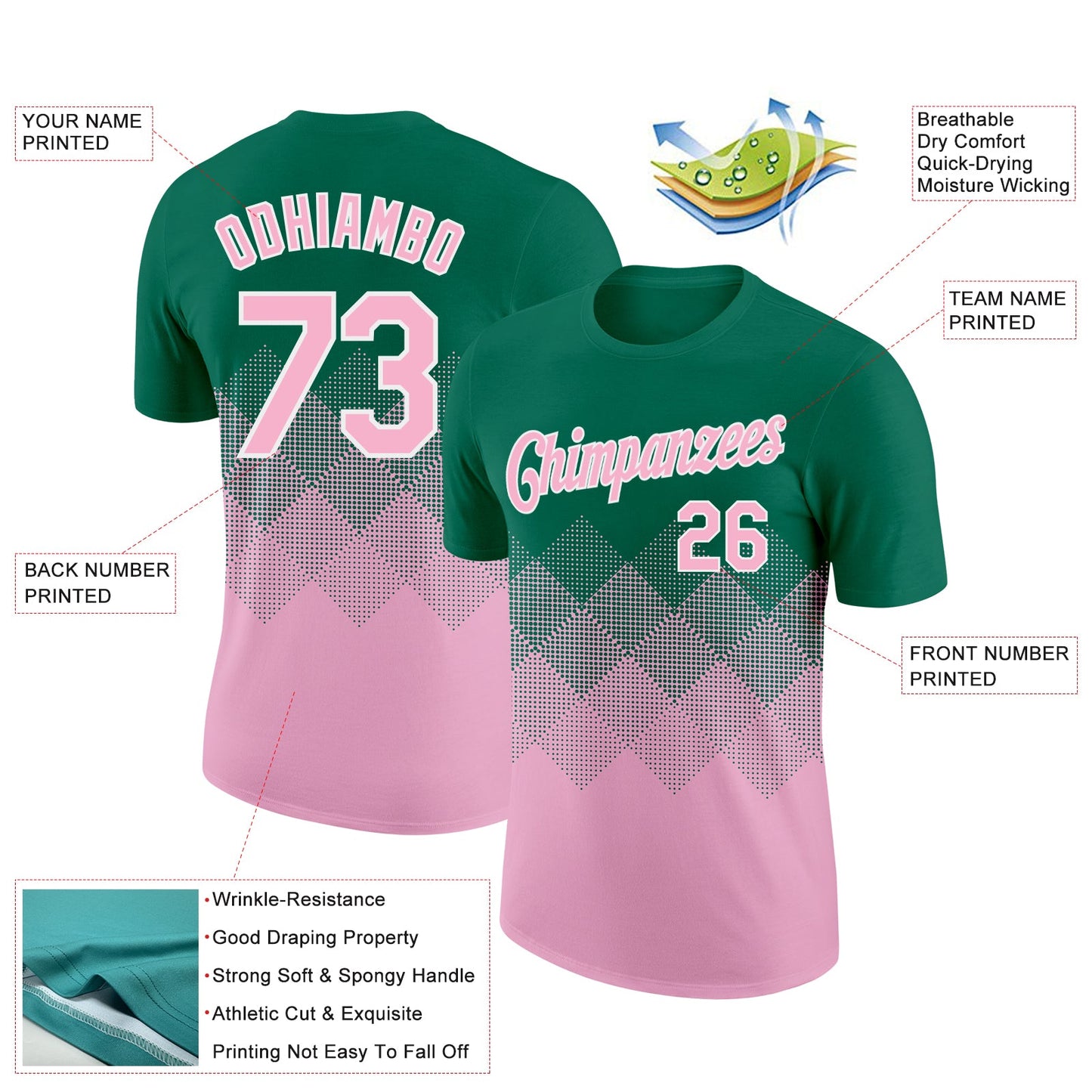 Custom Kelly Green Light Pink-White 3D Pattern Design Gradient Square Shapes Performance T-Shirt view 2