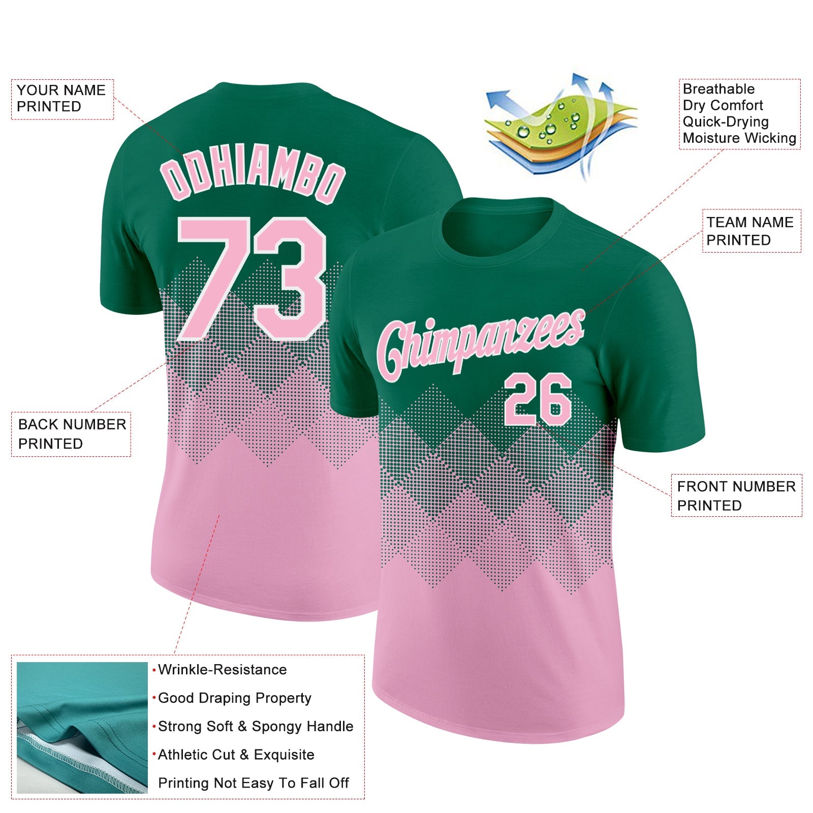 Custom Kelly Green Light Pink-White 3D Pattern Design Gradient Square Shapes Performance T-Shirt view 2