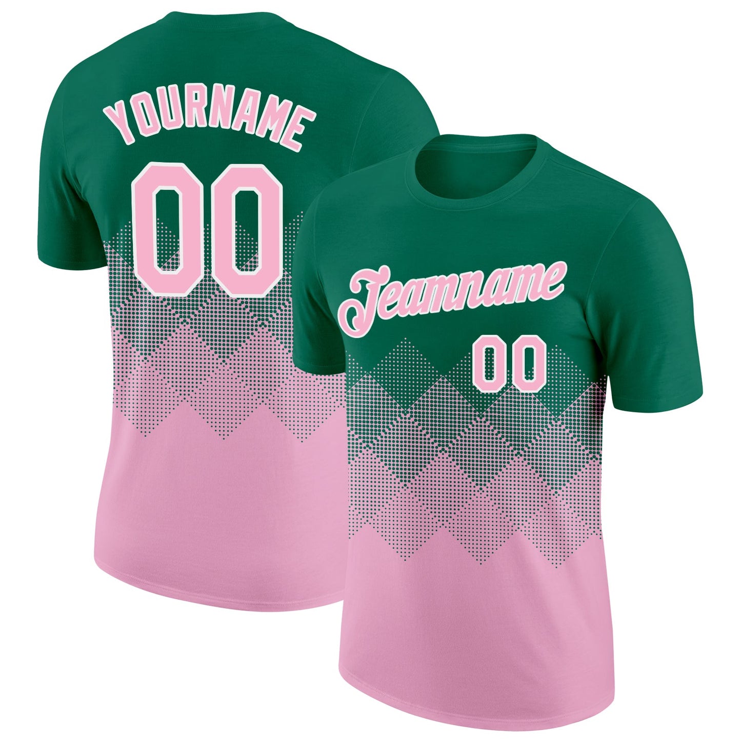 Custom Kelly Green Light Pink-White 3D Pattern Design Gradient Square Shapes Performance T-Shirt - Main View