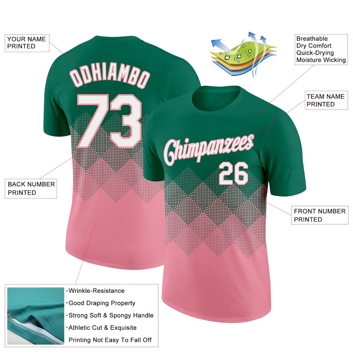 Custom Kelly Green White-Medium Pink 3D Pattern Design Gradient Square Shapes Performance T-Shirt view 2