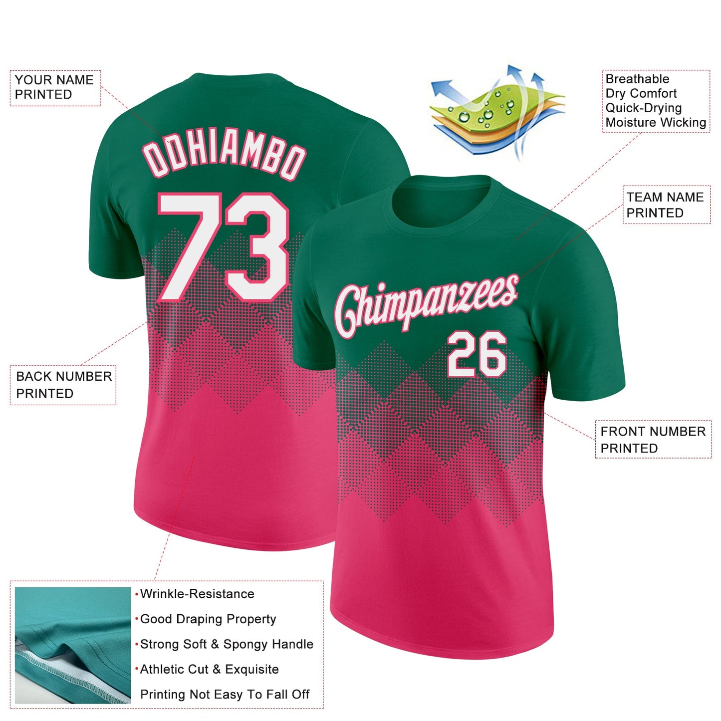 Custom Kelly Green White-Neon Pink 3D Pattern Design Gradient Square Shapes Performance T-Shirt view 2