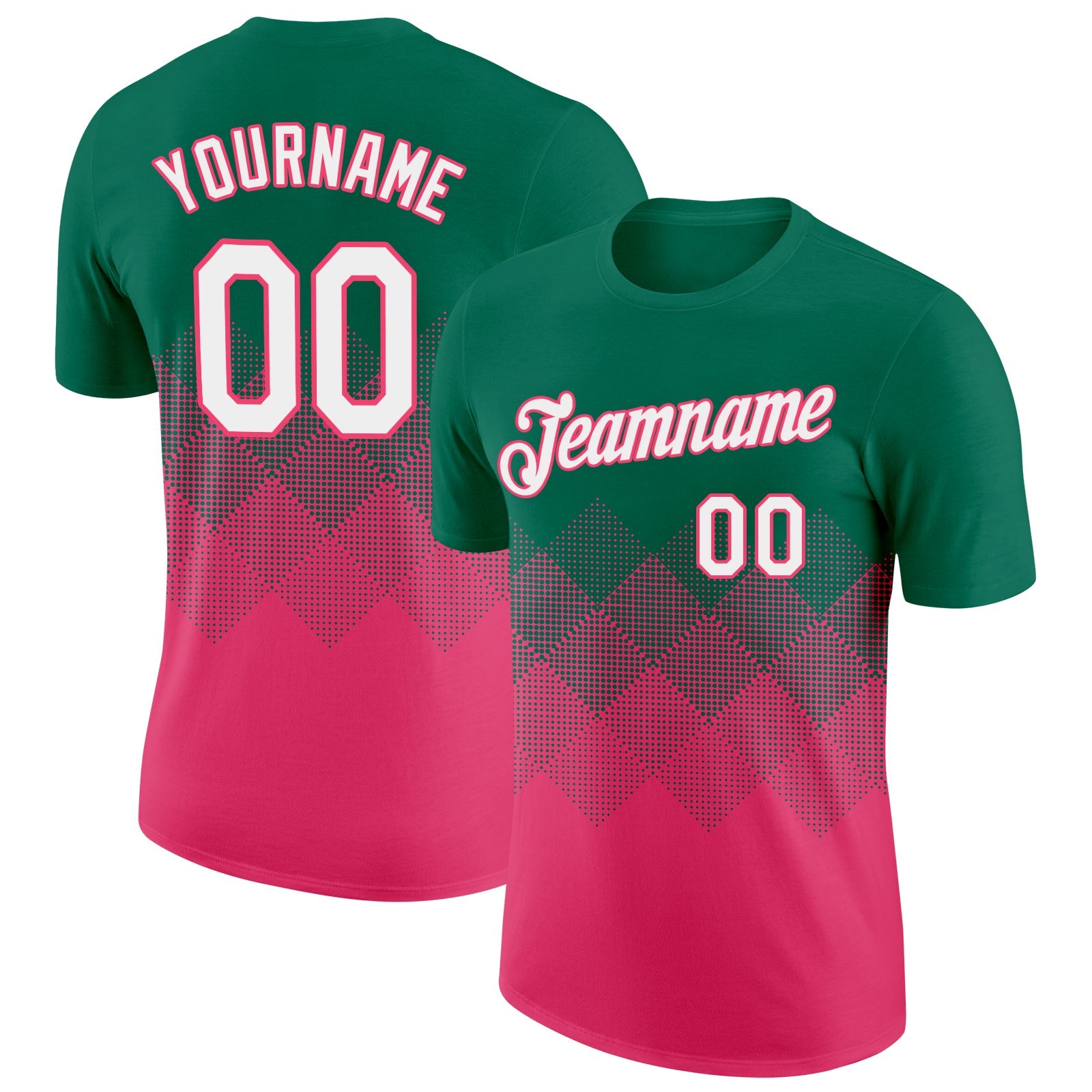 Custom Kelly Green White-Neon Pink 3D Pattern Design Gradient Square Shapes Performance T-Shirt - Main View