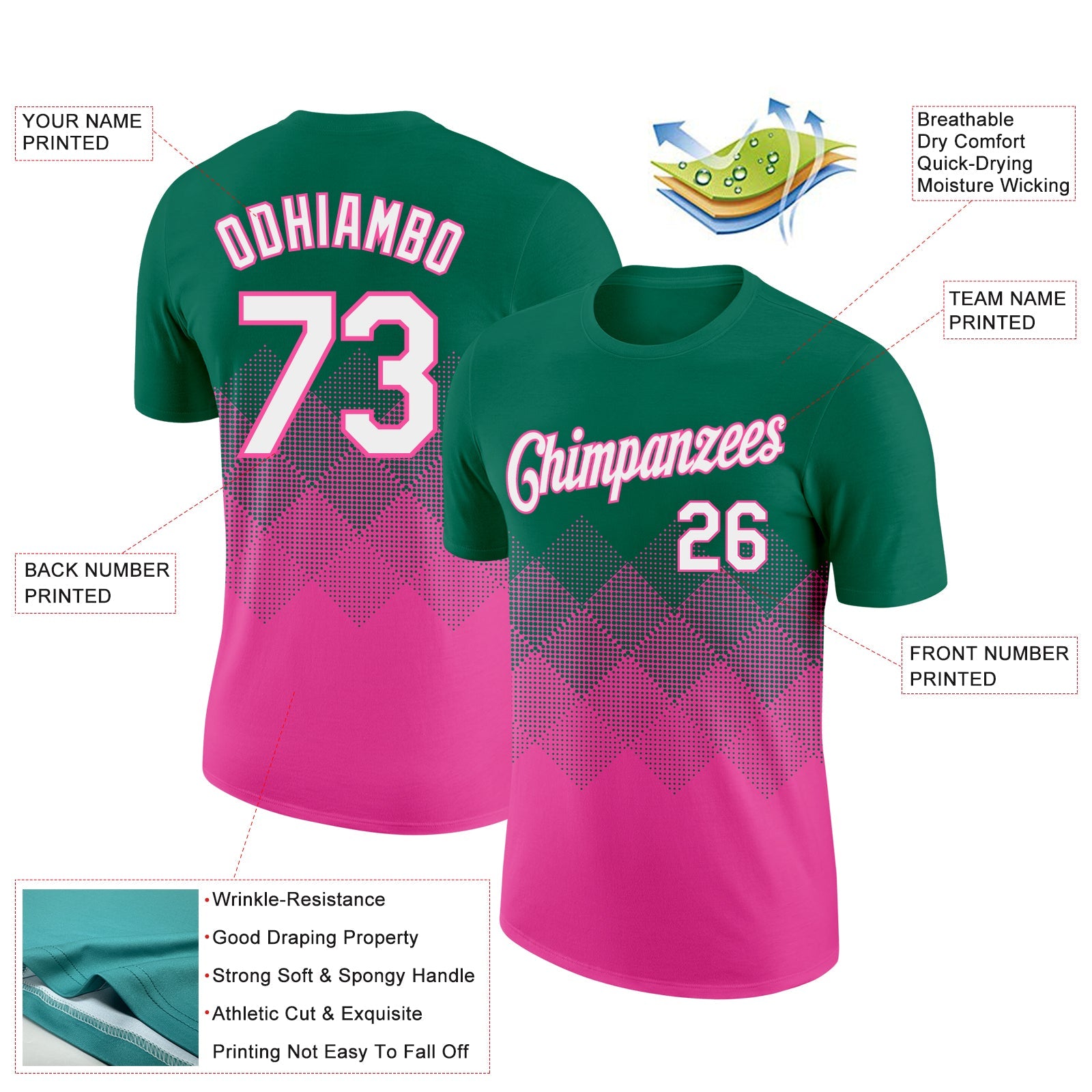 Custom Kelly Green White-Pink 3D Pattern Design Gradient Square Shapes Performance T-Shirt view 2