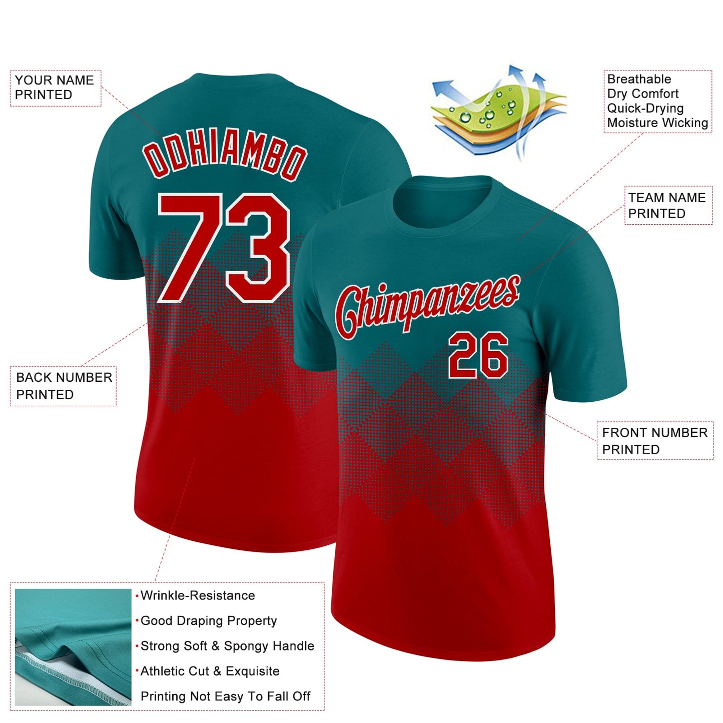Custom Teal Red-White 3D Pattern Design Gradient Square Shapes Performance T-Shirt view 2