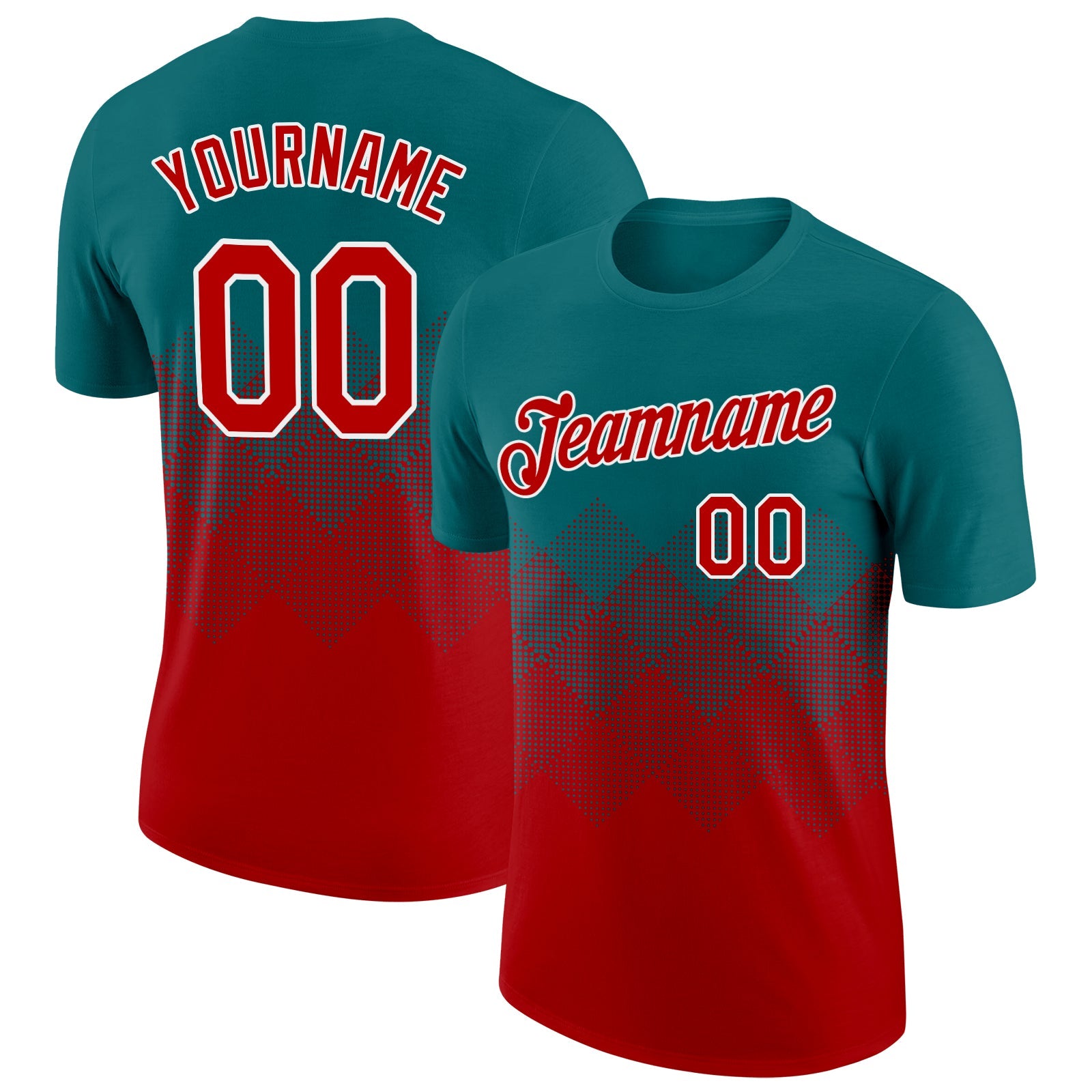 Custom Teal Red-White 3D Pattern Design Gradient Square Shapes Performance T-Shirt - Main View