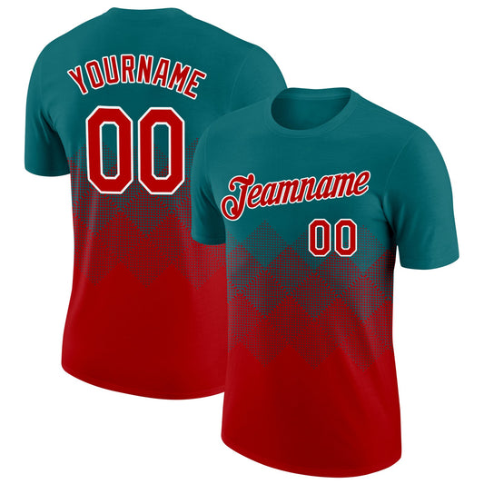 Custom Teal Red-White 3D Pattern Design Gradient Square Shapes Performance T-Shirt - Main View