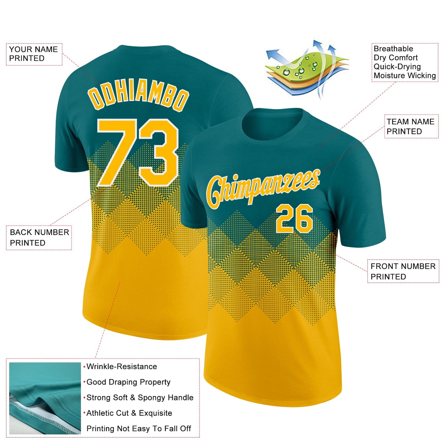 Custom Teal Gold-White 3D Pattern Design Gradient Square Shapes Performance T-Shirt view 2