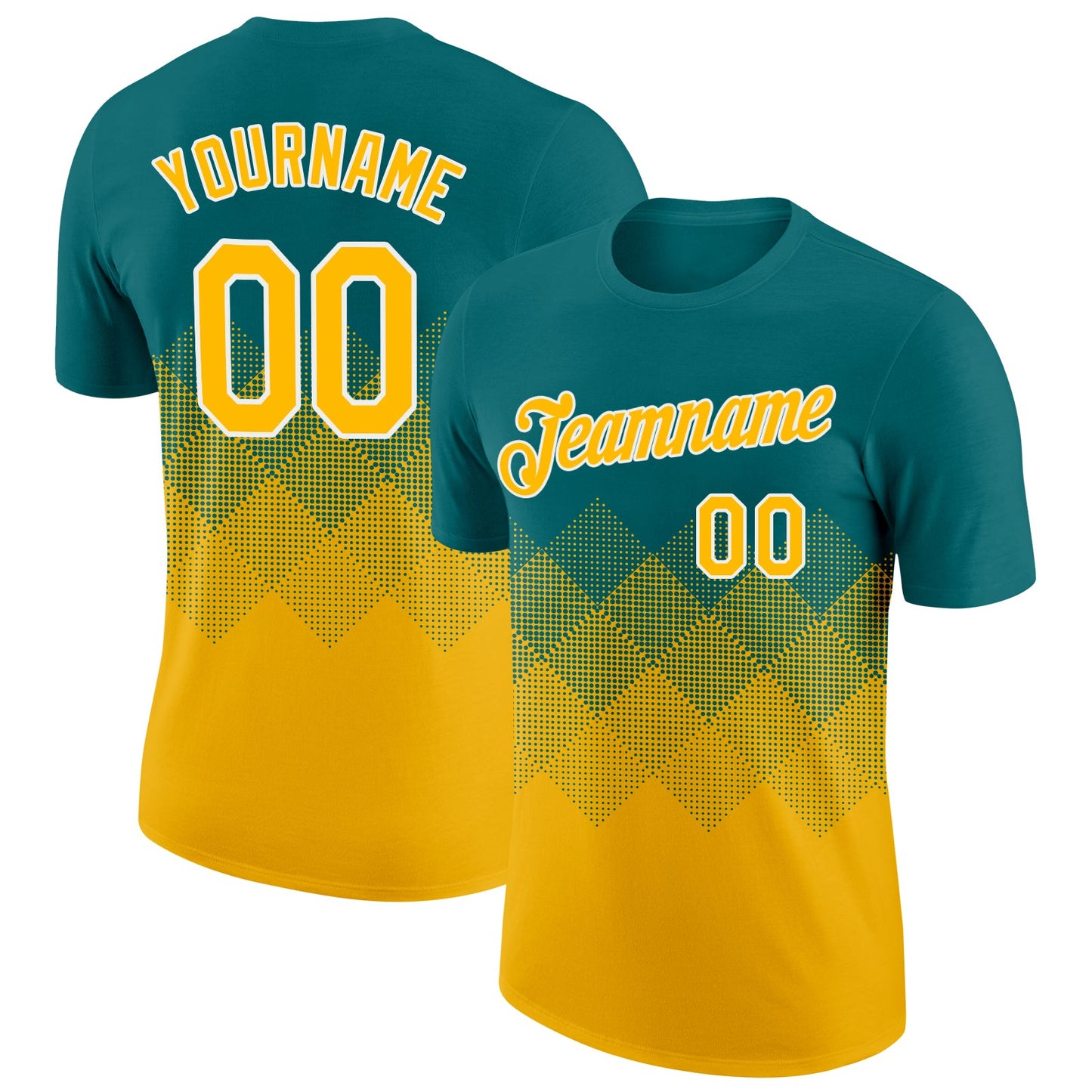 Custom Teal Gold-White 3D Pattern Design Gradient Square Shapes Performance T-Shirt - Main View