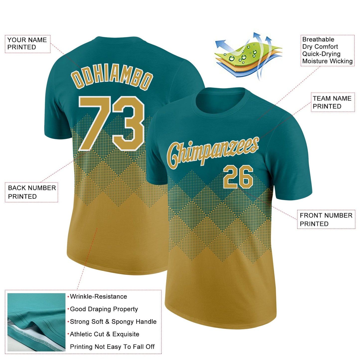 Custom Teal Old Gold-White 3D Pattern Design Gradient Square Shapes Performance T-Shirt view 2