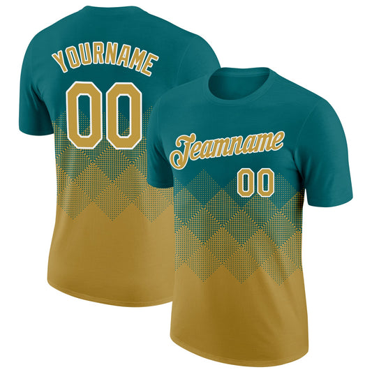 Custom Teal Old Gold-White 3D Pattern Design Gradient Square Shapes Performance T-Shirt - Main View