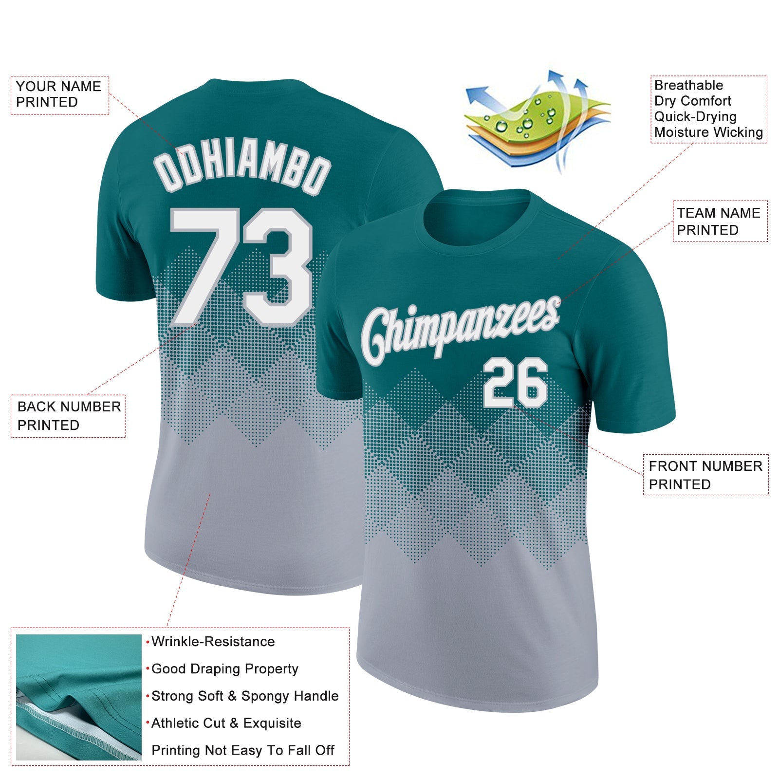 Custom Teal White-Gray 3D Pattern Design Gradient Square Shapes Performance T-Shirt view 2