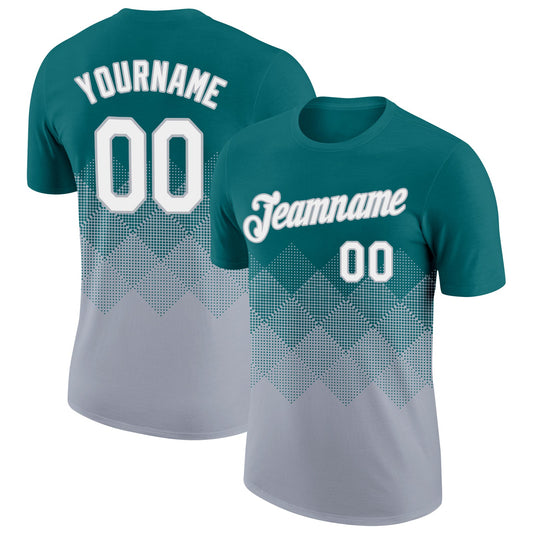 Custom Teal White-Gray 3D Pattern Design Gradient Square Shapes Performance T-Shirt - Main View