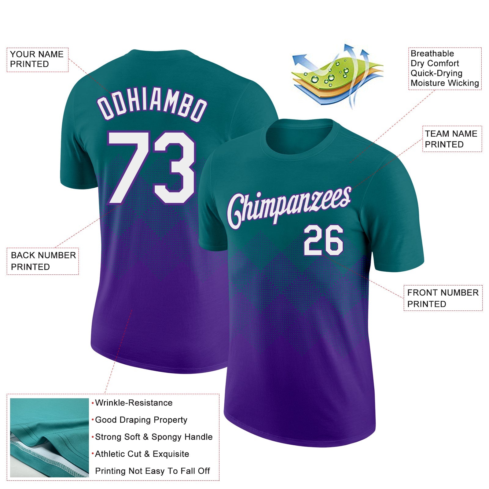 Custom Teal White-Purple 3D Pattern Design Gradient Square Shapes Performance T-Shirt view 2