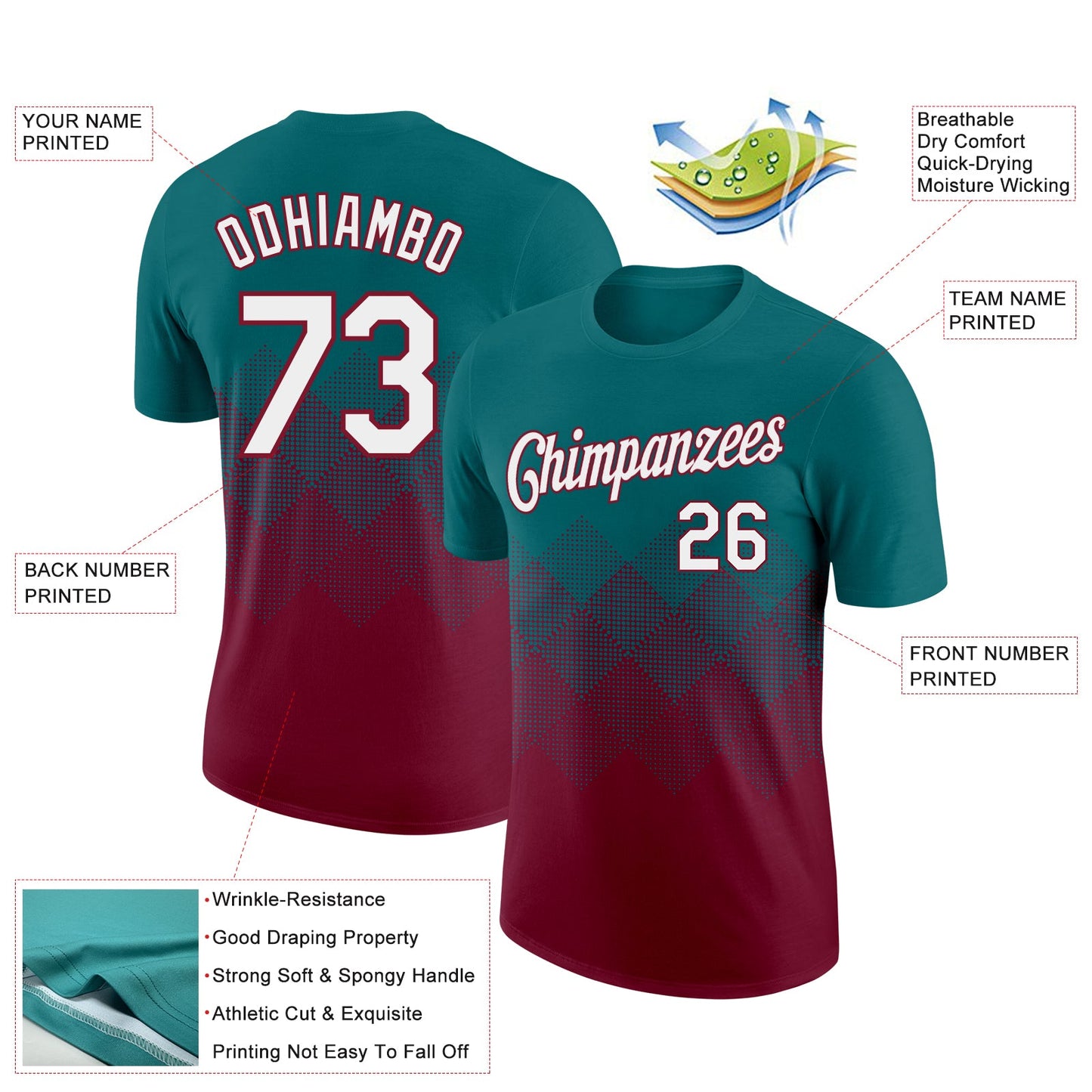 Custom Teal White-Crimson 3D Pattern Design Gradient Square Shapes Performance T-Shirt view 2