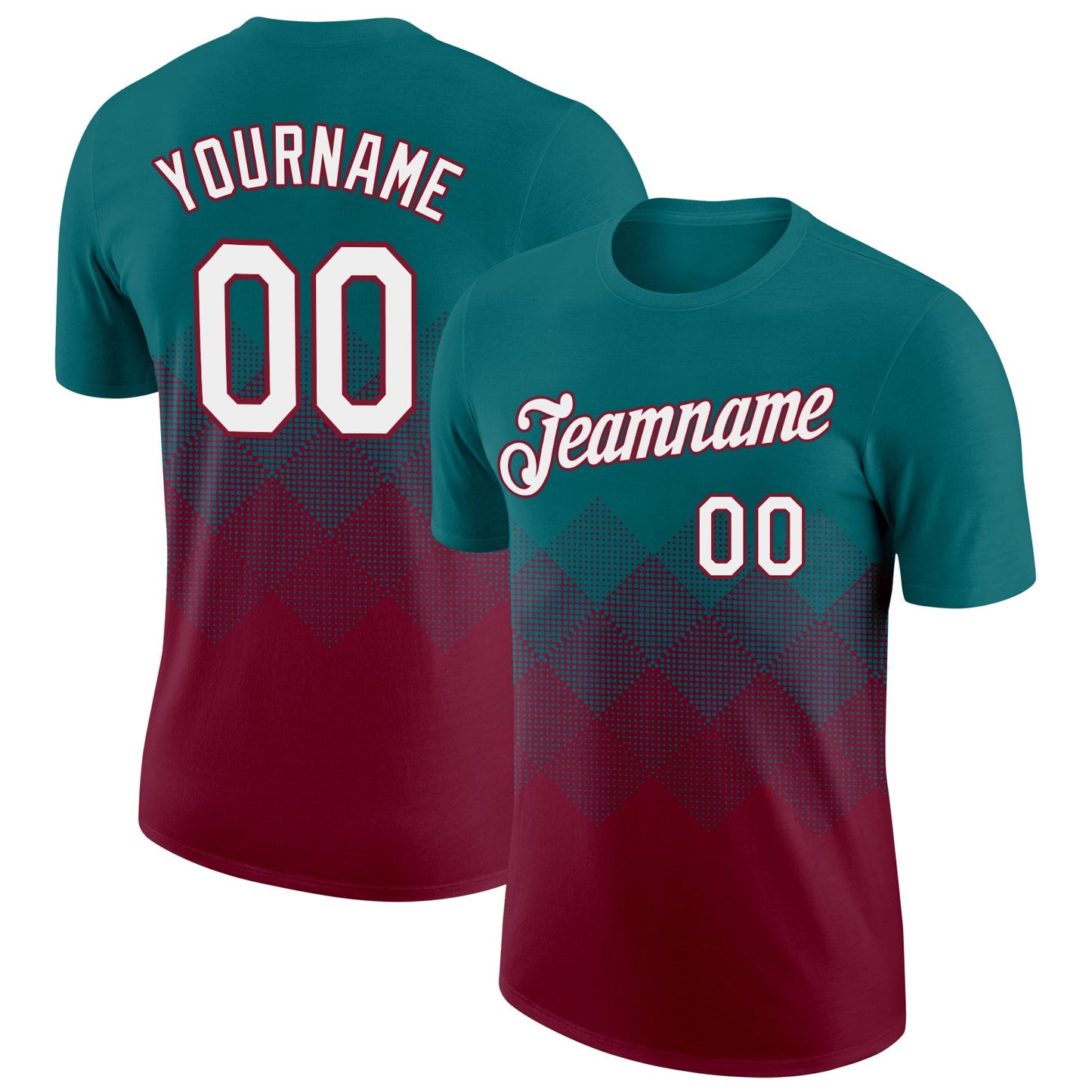Custom Teal White-Crimson 3D Pattern Design Gradient Square Shapes Performance T-Shirt - Main View