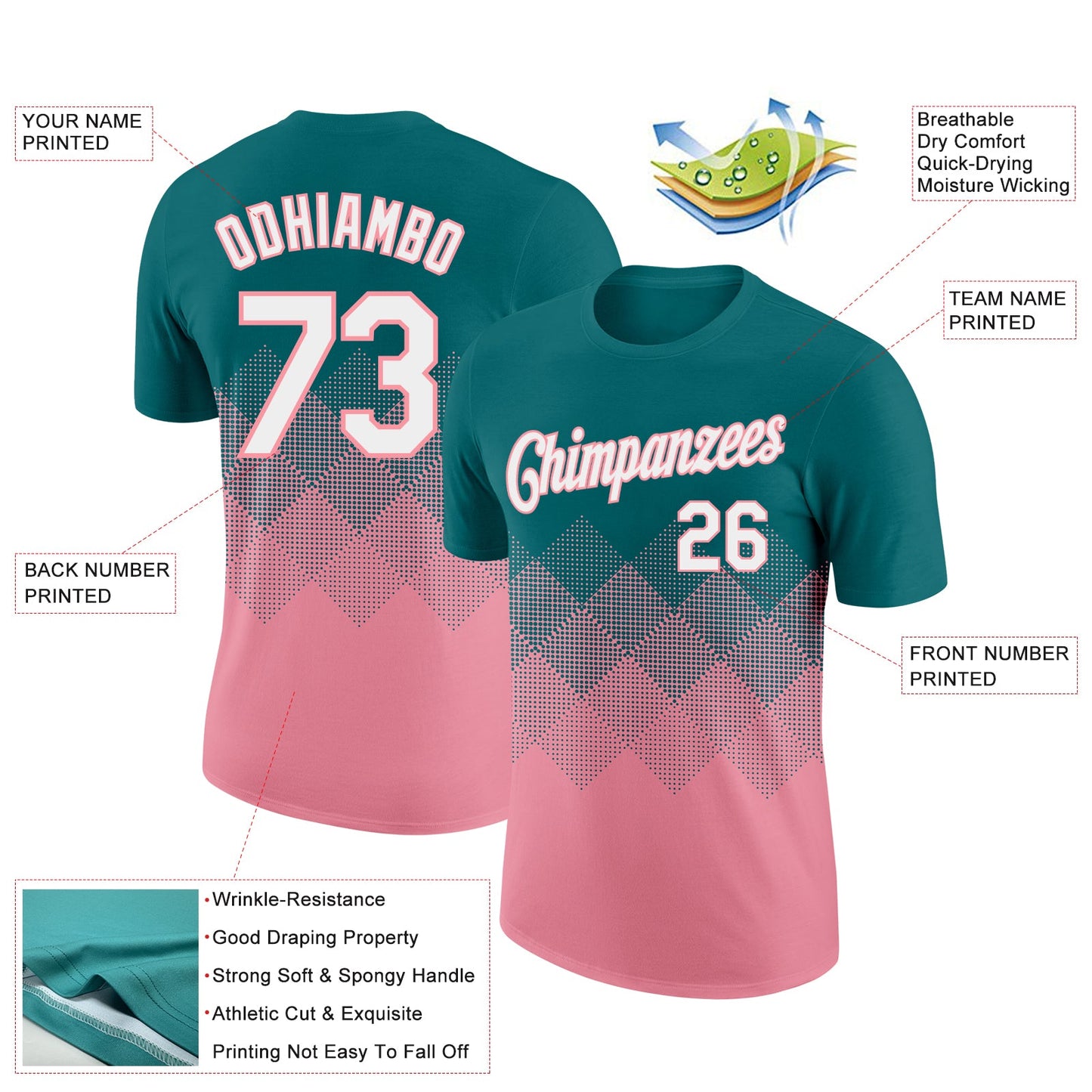 Custom Teal White-Medium Pink 3D Pattern Design Gradient Square Shapes Performance T-Shirt view 2