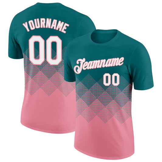 Custom Teal White-Medium Pink 3D Pattern Design Gradient Square Shapes Performance T-Shirt - Main View