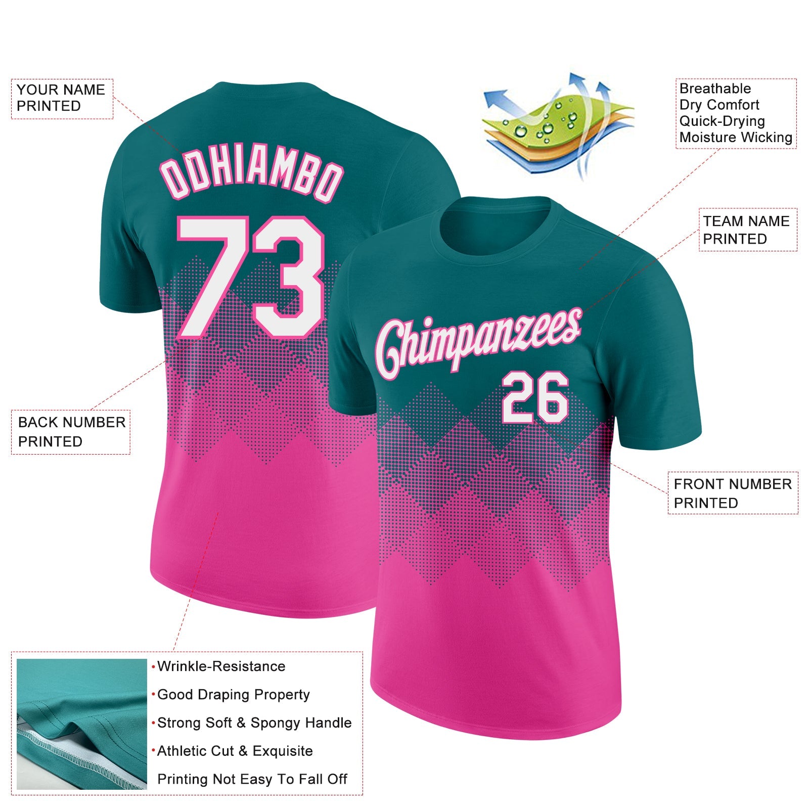 Custom Teal White-Pink 3D Pattern Design Gradient Square Shapes Performance T-Shirt view 2