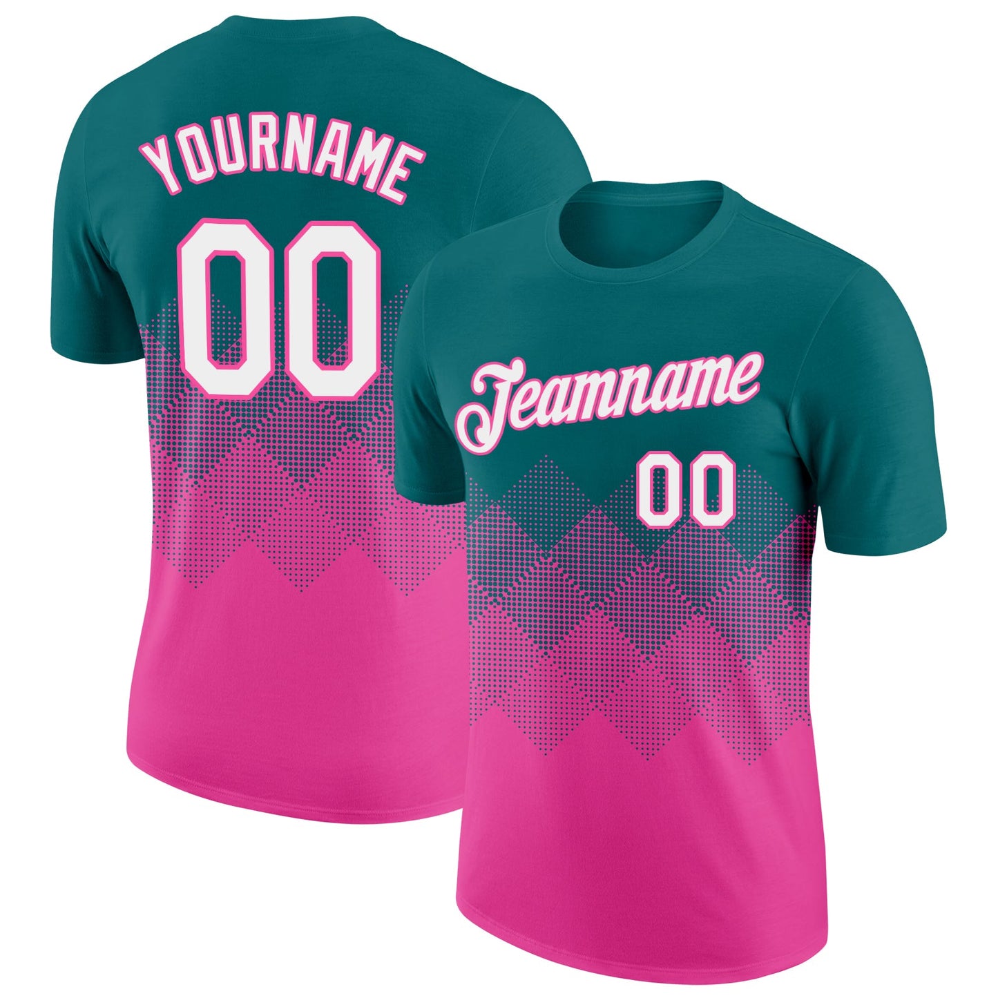 Custom Teal White-Pink 3D Pattern Design Gradient Square Shapes Performance T-Shirt - Main View