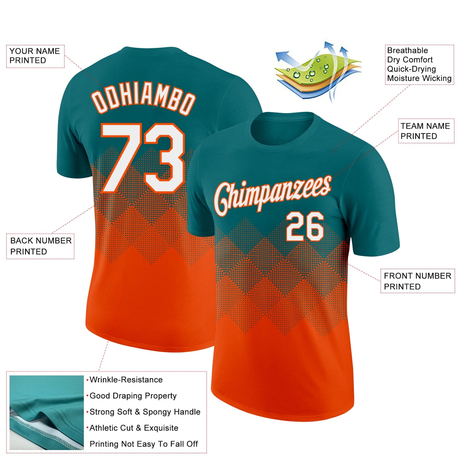 Custom Teal White-Orange 3D Pattern Design Gradient Square Shapes Performance T-Shirt view 2