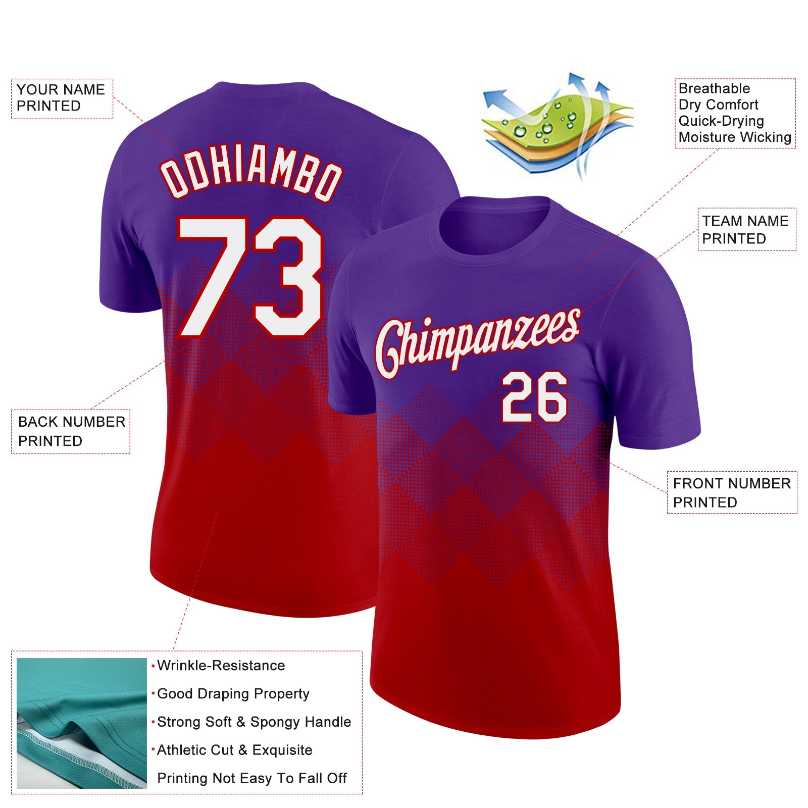 Custom Purple White-Red 3D Pattern Design Gradient Square Shapes Performance T-Shirt view 2