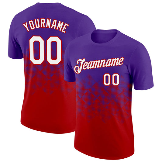 Custom Purple White-Red 3D Pattern Design Gradient Square Shapes Performance T-Shirt - Main View