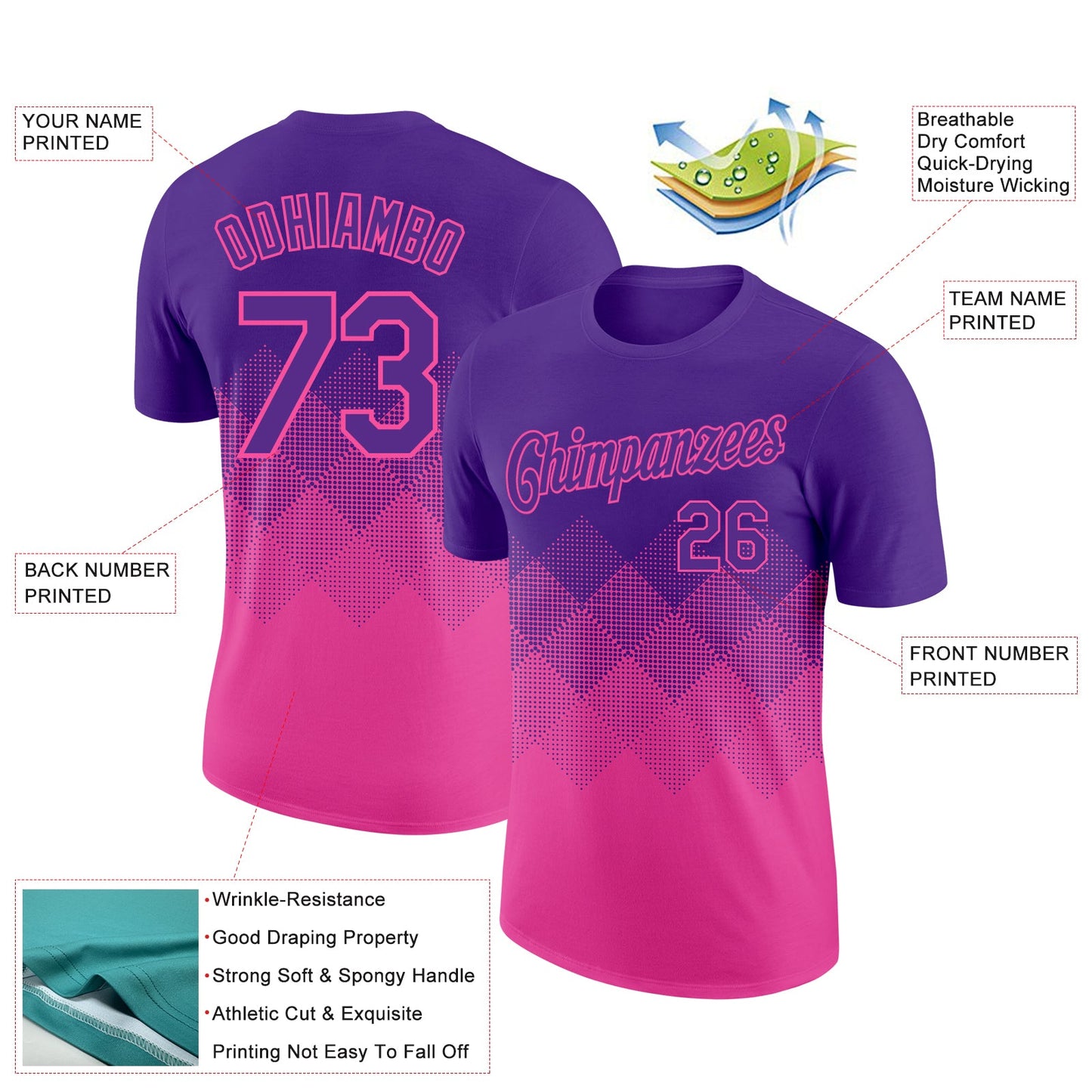 Custom Purple Pink 3D Pattern Design Gradient Square Shapes Performance T-Shirt view 2