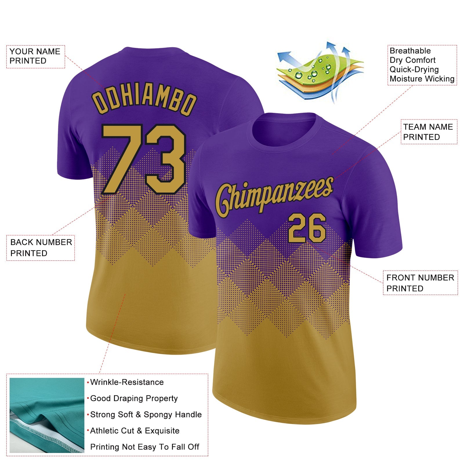 Custom Purple Old Gold-Black 3D Pattern Design Gradient Square Shapes Performance T-Shirt view 2