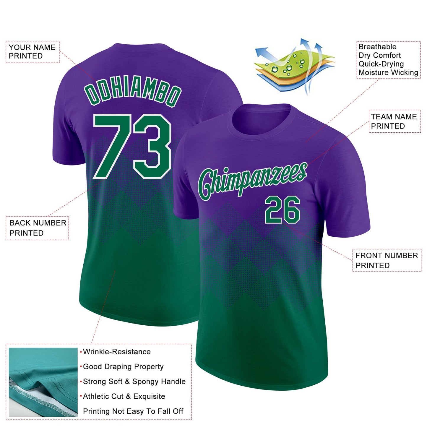 Custom Purple Kelly Green-White 3D Pattern Design Gradient Square Shapes Performance T-Shirt view 2