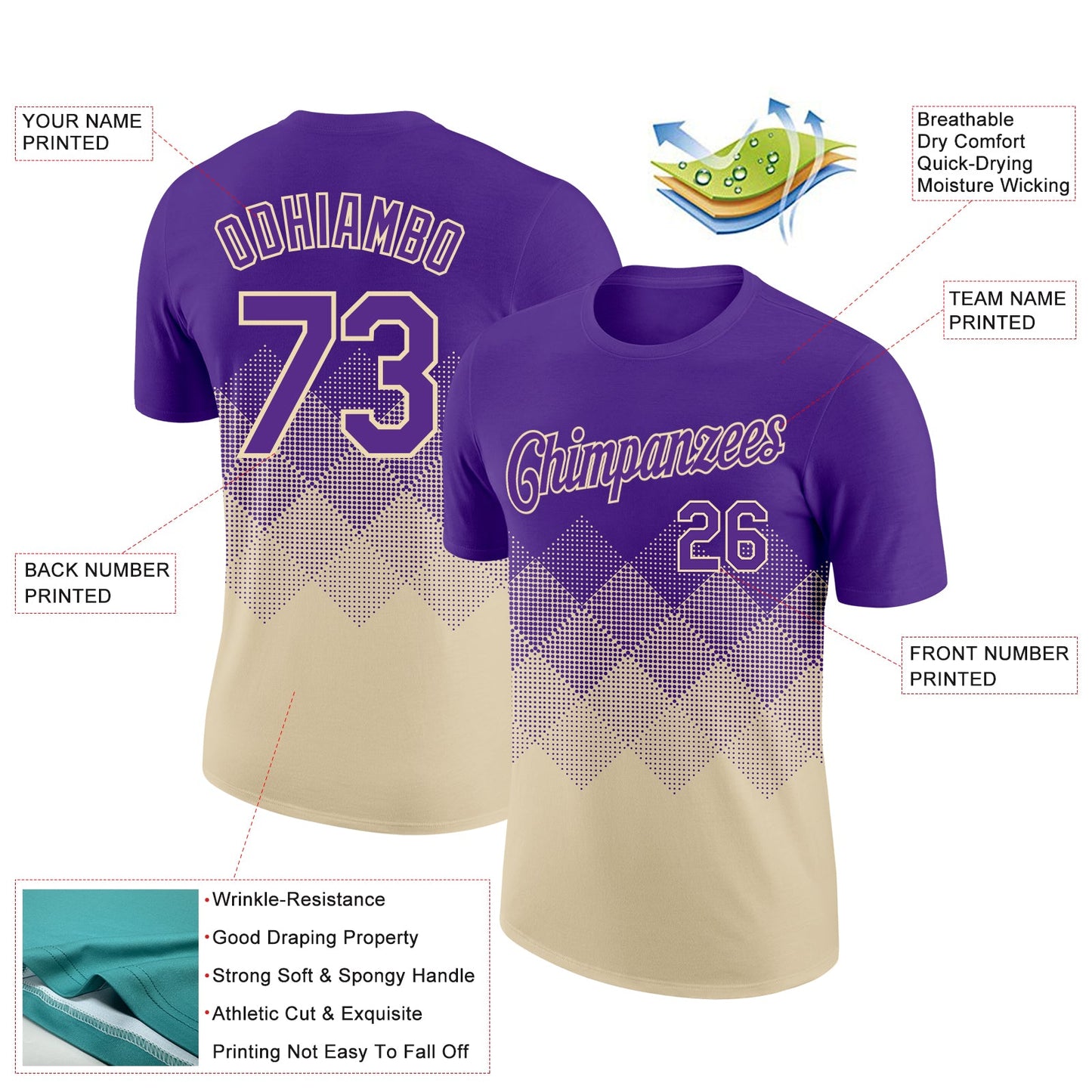Custom Purple Cream 3D Pattern Design Gradient Square Shapes Performance T-Shirt view 2