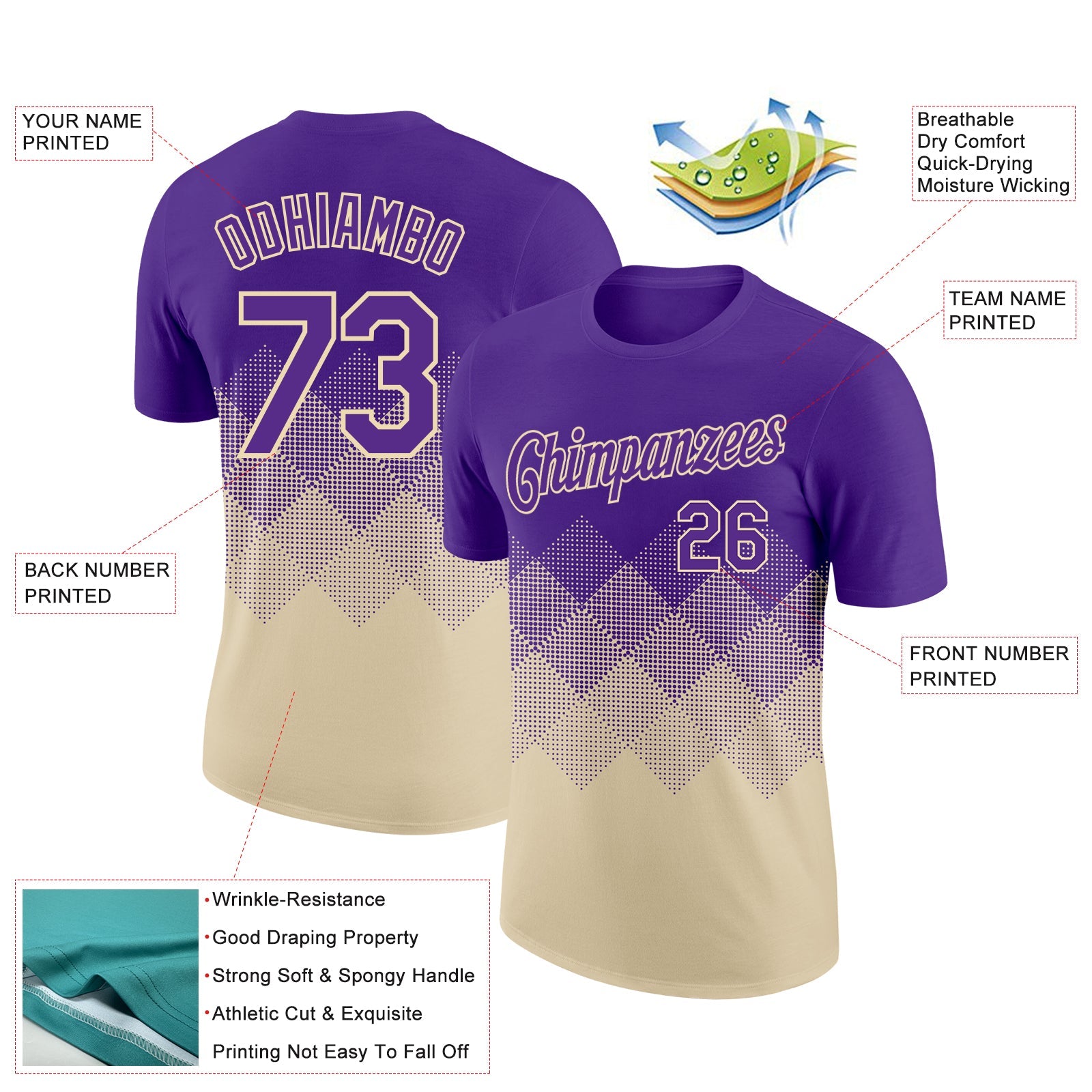 Custom Purple Cream 3D Pattern Design Gradient Square Shapes Performance T-Shirt view 2