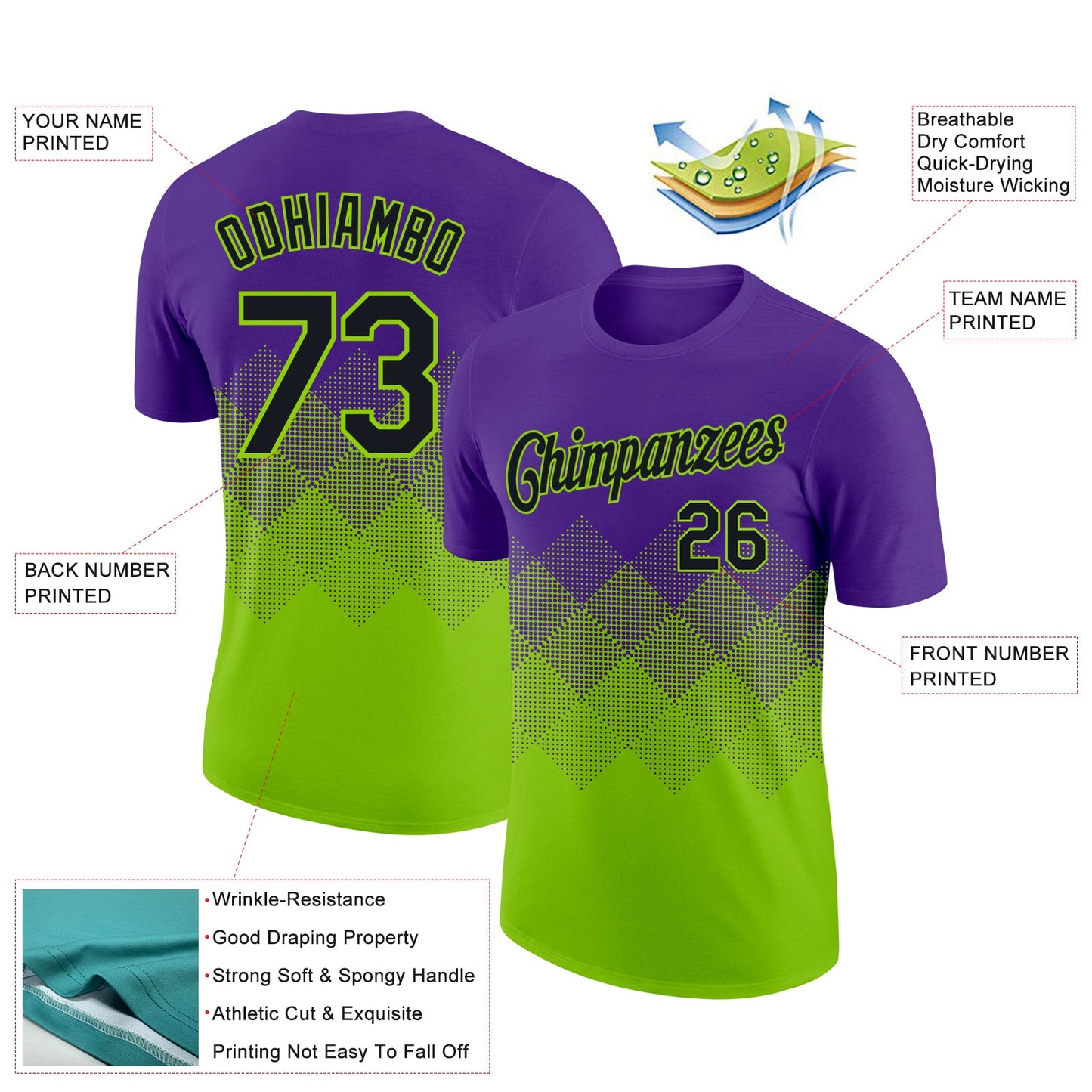 Custom Purple Black-Neon Green 3D Pattern Design Gradient Square Shapes Performance T-Shirt view 2