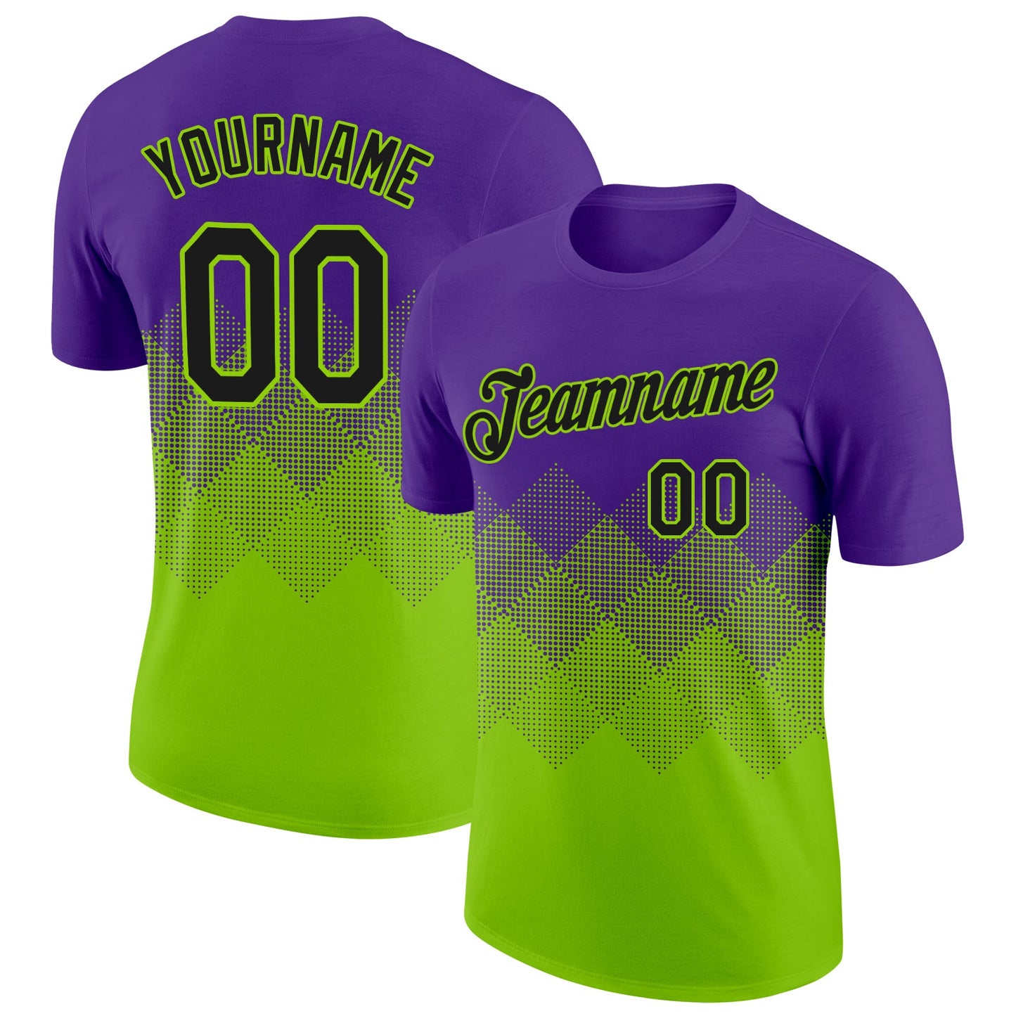 Custom Purple Black-Neon Green 3D Pattern Design Gradient Square Shapes Performance T-Shirt - Main View