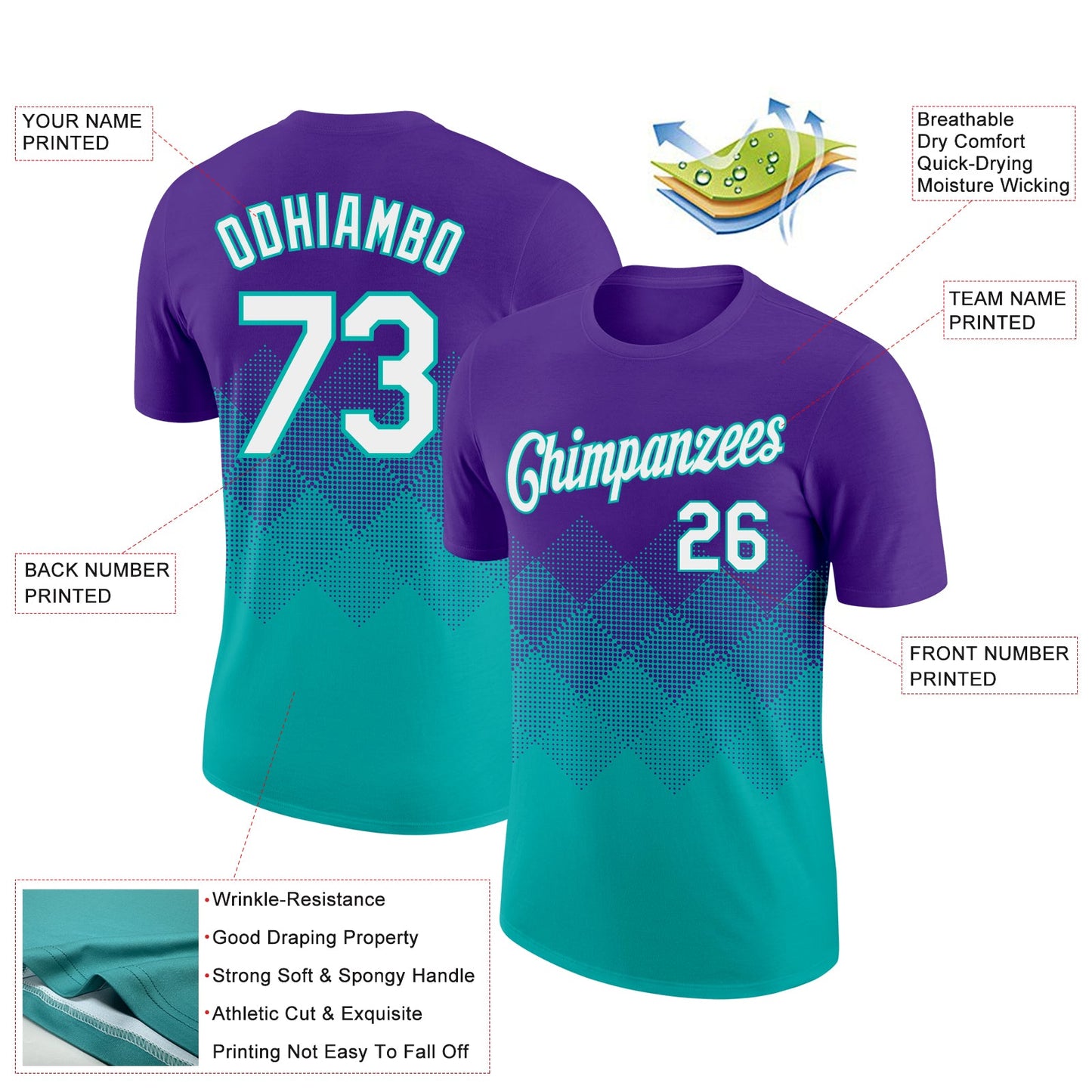 Custom Purple White-Aqua 3D Pattern Design Gradient Square Shapes Performance T-Shirt view 2