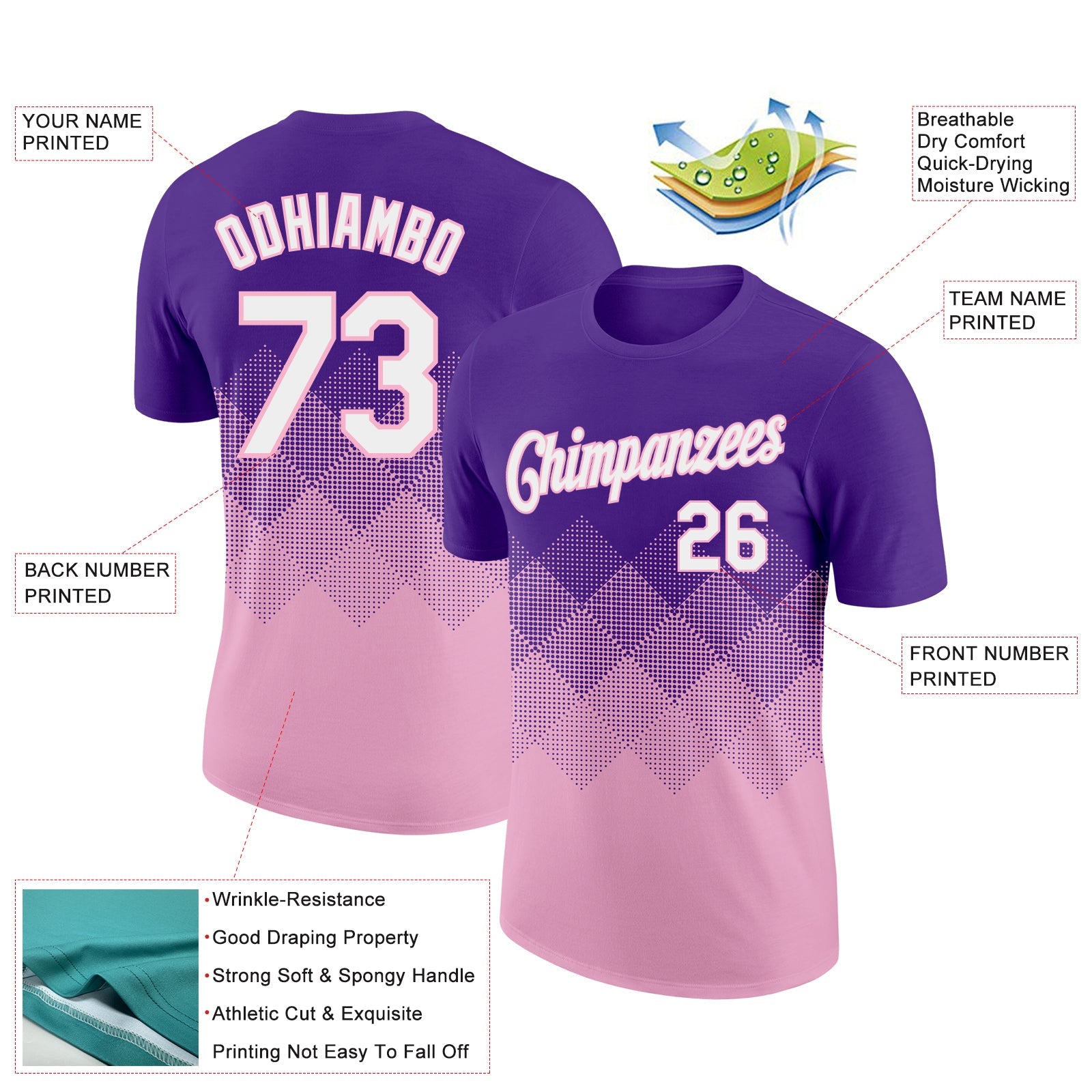 Custom Purple White-Light Pink 3D Pattern Design Gradient Square Shapes Performance T-Shirt view 2