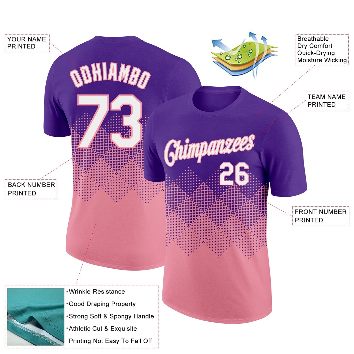 Custom Purple White-Medium Pink 3D Pattern Design Gradient Square Shapes Performance T-Shirt view 2